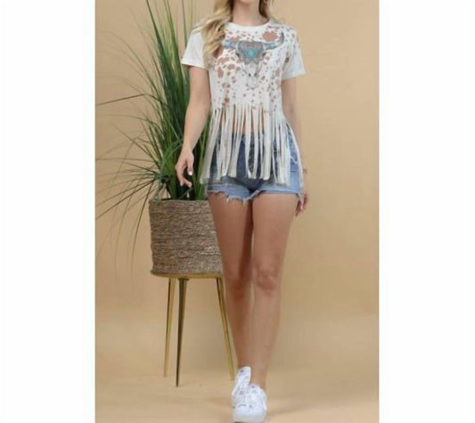 Western Longhorn Cow Print Fringe Top