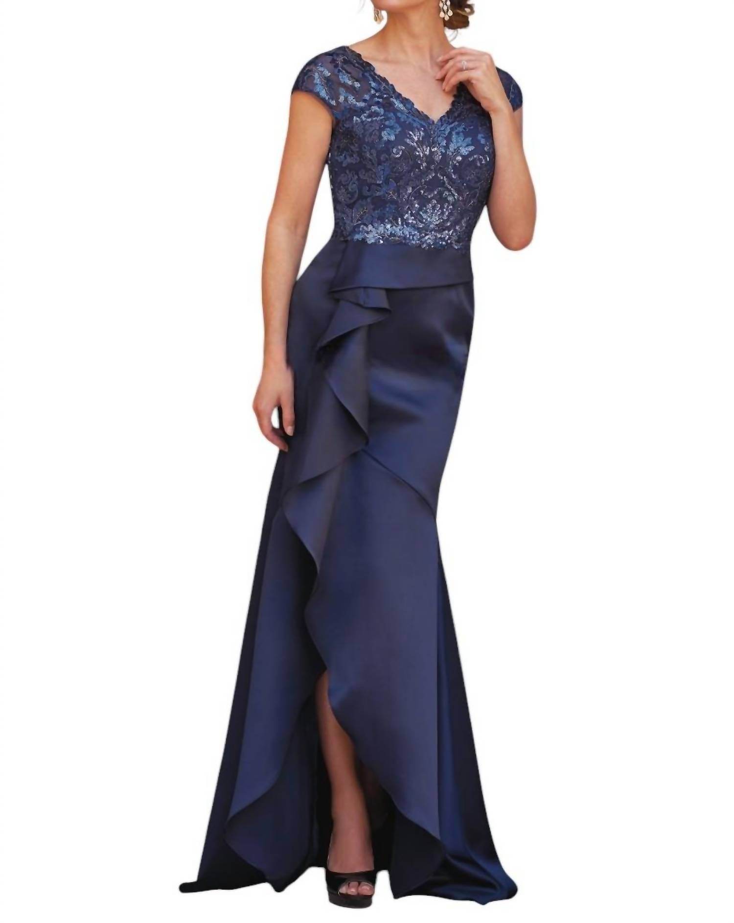 Jade Couture - V-neck Paillette Metallic Embroidery Lace & Marquis Satin MOB Dress - Rack Hunt -