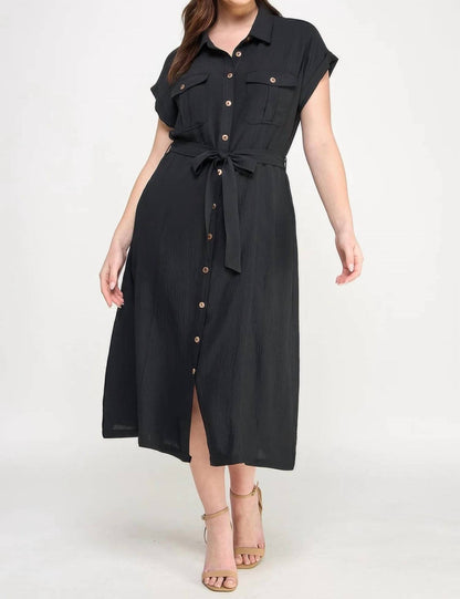 Front Tied Buttoned Short Sleeve Dress