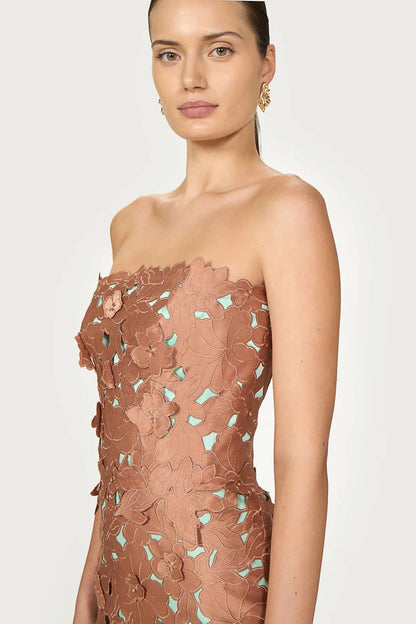 Zira floral cut strapless pencil dress