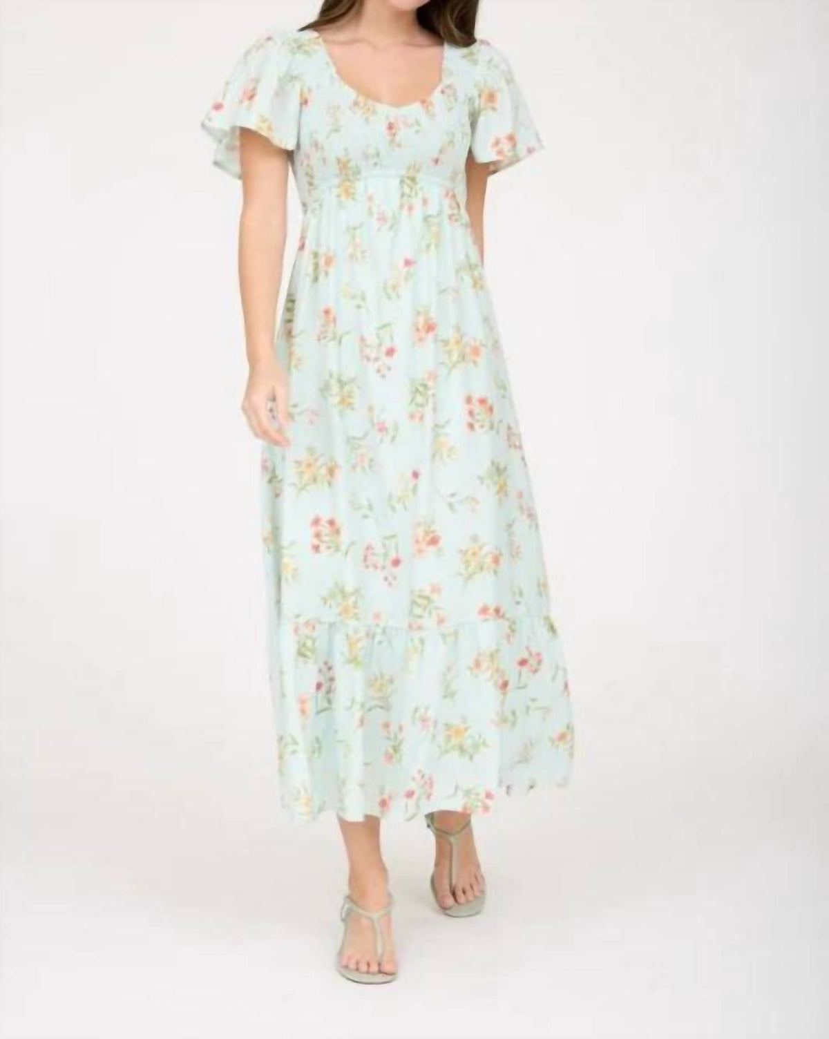 Floral Bell Sleeve Smocked Bust Midi Dress