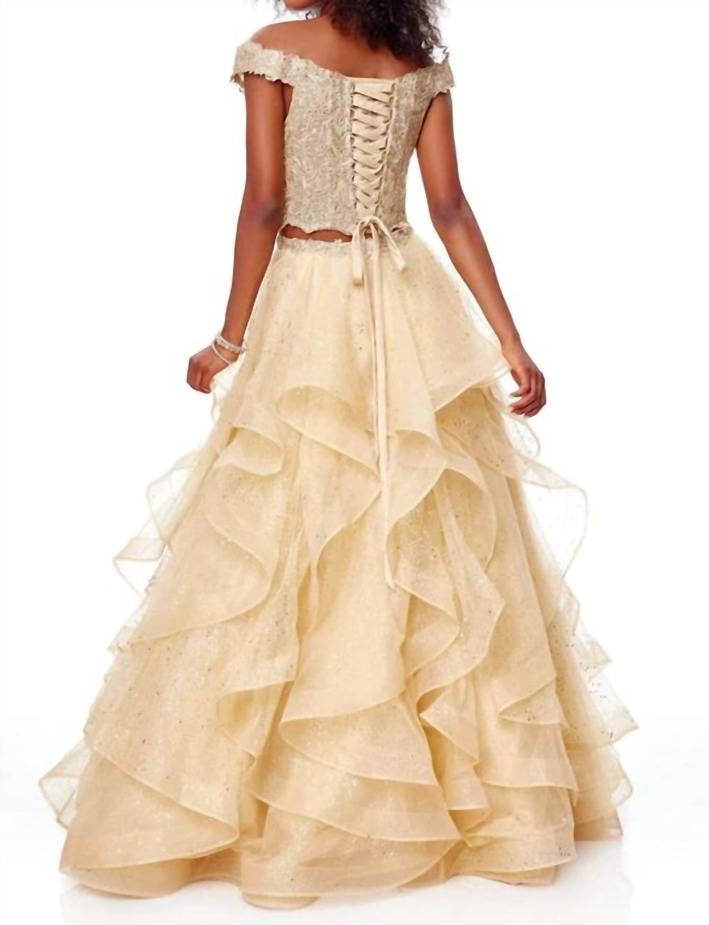 Two Piece Plunging Off-shoulder Ruffled A-line Prom Dress