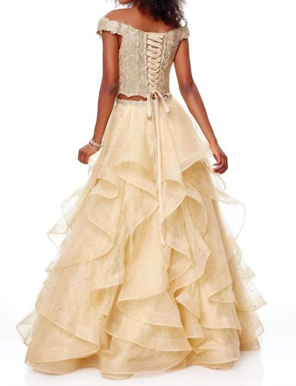 Two Piece Plunging Off-shoulder Ruffled A-line Prom Dress