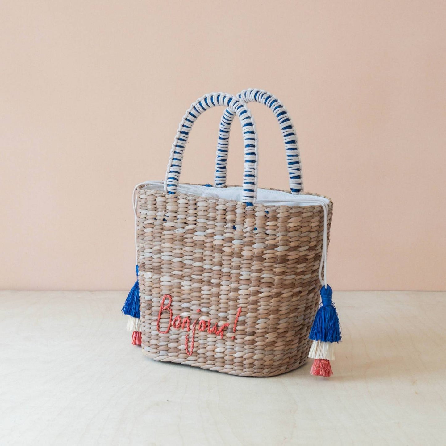 Women's Mini Woven Beach Tote Bag With Embroidered Bonjour
