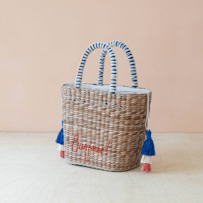 Women's Mini Woven Beach Tote Bag With Embroidered Bonjour