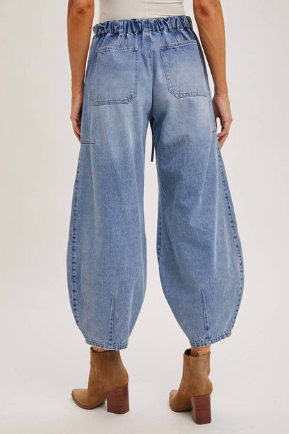 Libby Denim Mid-Waist Drawstrings Barrel Jeans