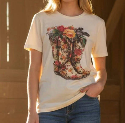 Floral Boots With Rhinestone Crew Tee