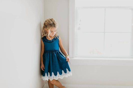 Girls Denim Lace Trim Dress