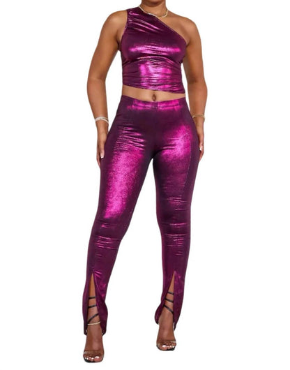 Now That I Have Your Attention Shiny Stretch Metallic Pants Set