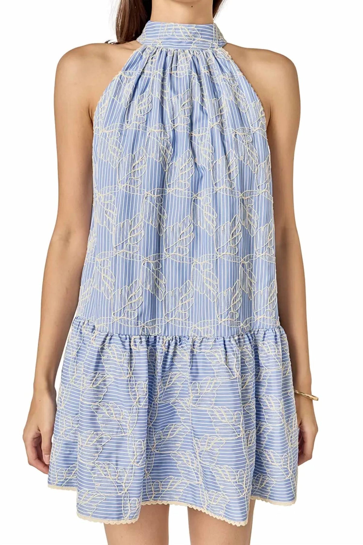 Halter Embroidered Sleeveless Ruffle Hem Dress