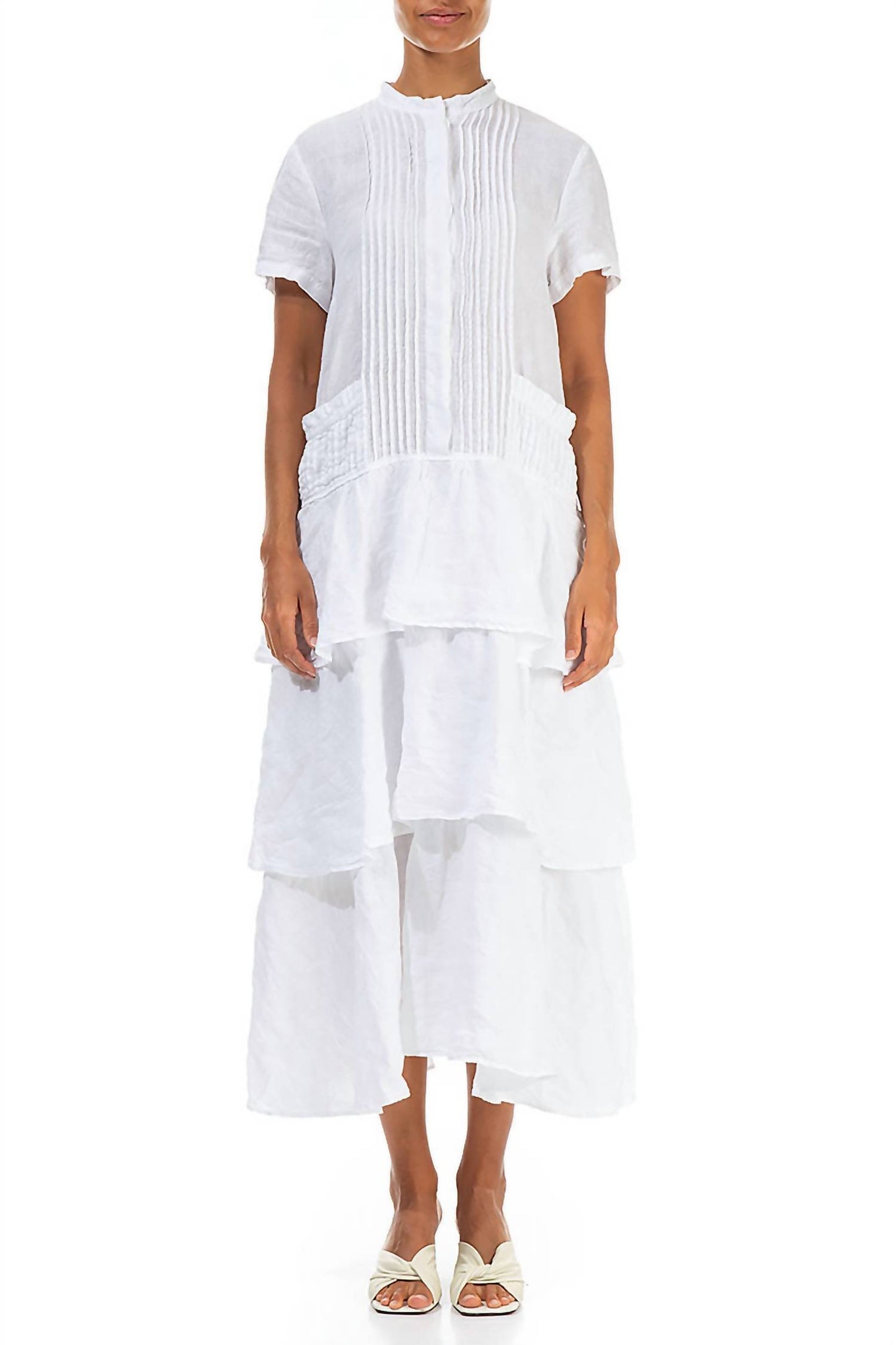Linen Pleated Front Dress With Tiered Skirt