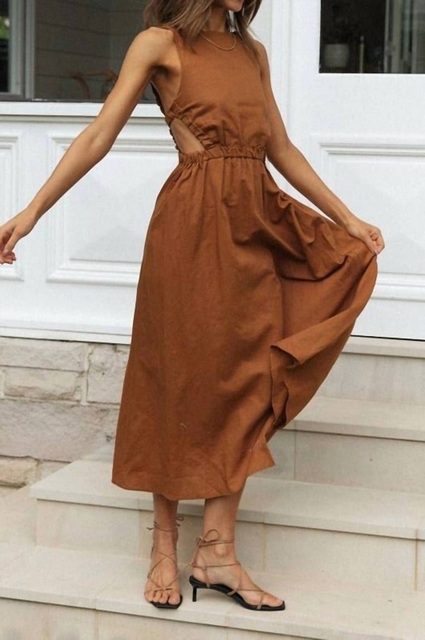 Elastic Strap Back Sleeveless Midi Dress