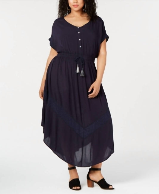 Women's Eyelet Trim Drawstring Waist Dress - Plus