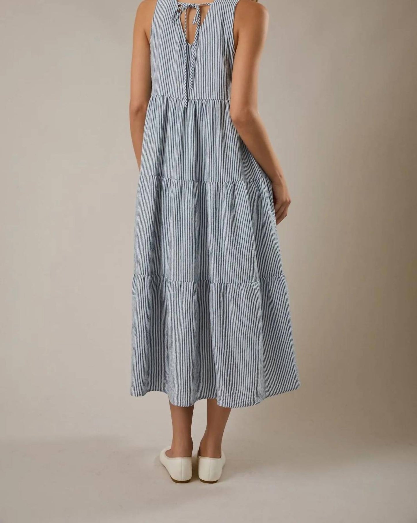 V-neck Sleeveless Tiered Stripe Midi Dress