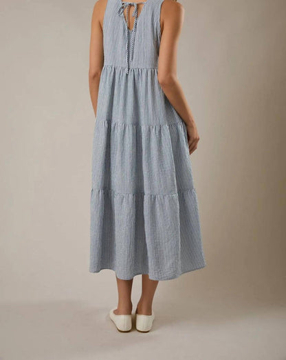 V-neck Sleeveless Tiered Stripe Midi Dress