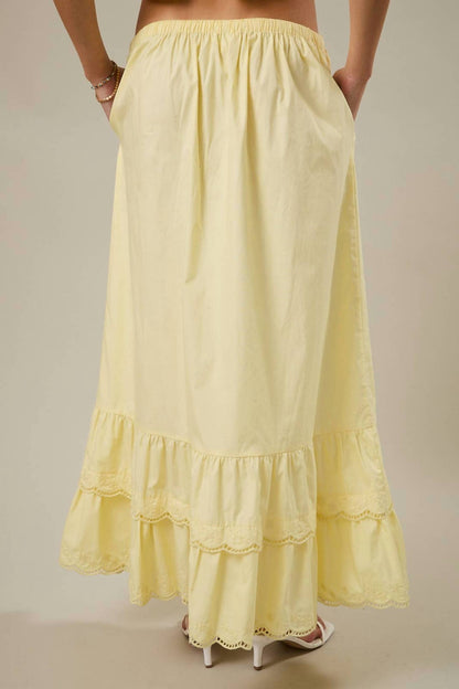 Elastic Waist Embroidered Scallop Hem Tiered Maxi Skirt
