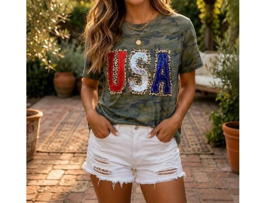 USA Leopard Sequin Camo Graphic Tee