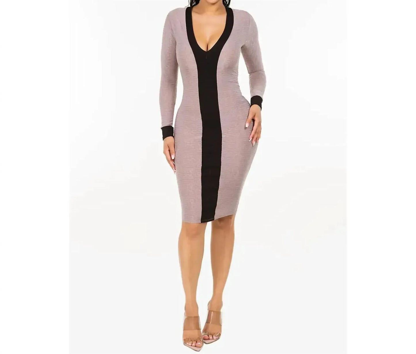 Let's go Uptown - Contrast V Neck Rib Midi Dress - Rack Hunt