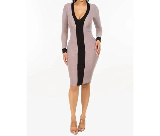 Let's go Uptown - Contrast V Neck Rib Midi Dress - Rack Hunt