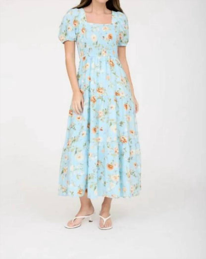 Floral Smocked Puff Sleeve A-line Midi Dress