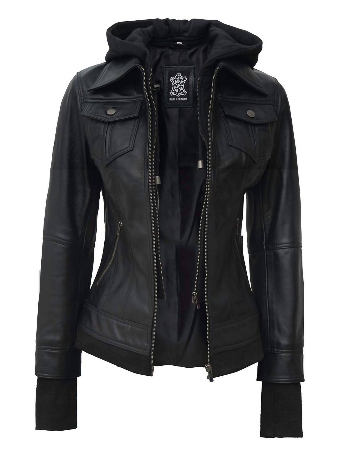 Women's Bomber Leather Jacket With Removable Hood
