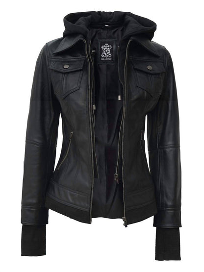 Women's Bomber Leather Jacket With Removable Hood