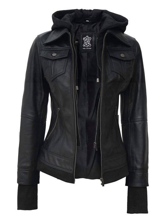 Women's Bomber Leather Jacket With Removable Hood
