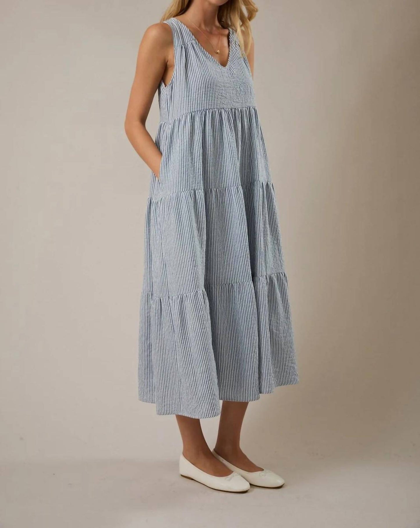 V-neck Sleeveless Tiered Stripe Midi Dress