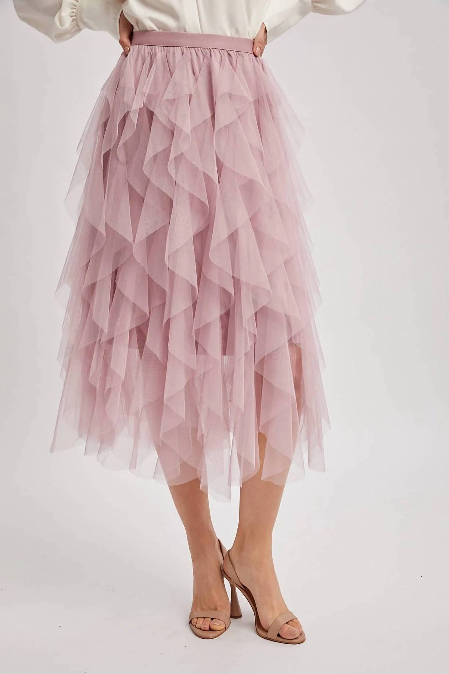 Spiral Ruffled Tulle Midi Skirt