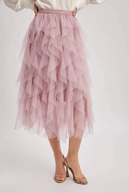 Spiral Ruffled Tulle Midi Skirt