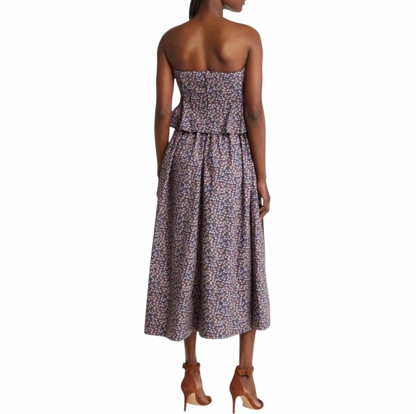 Ditsy Pintuck Peplum Strapless Midi Dress