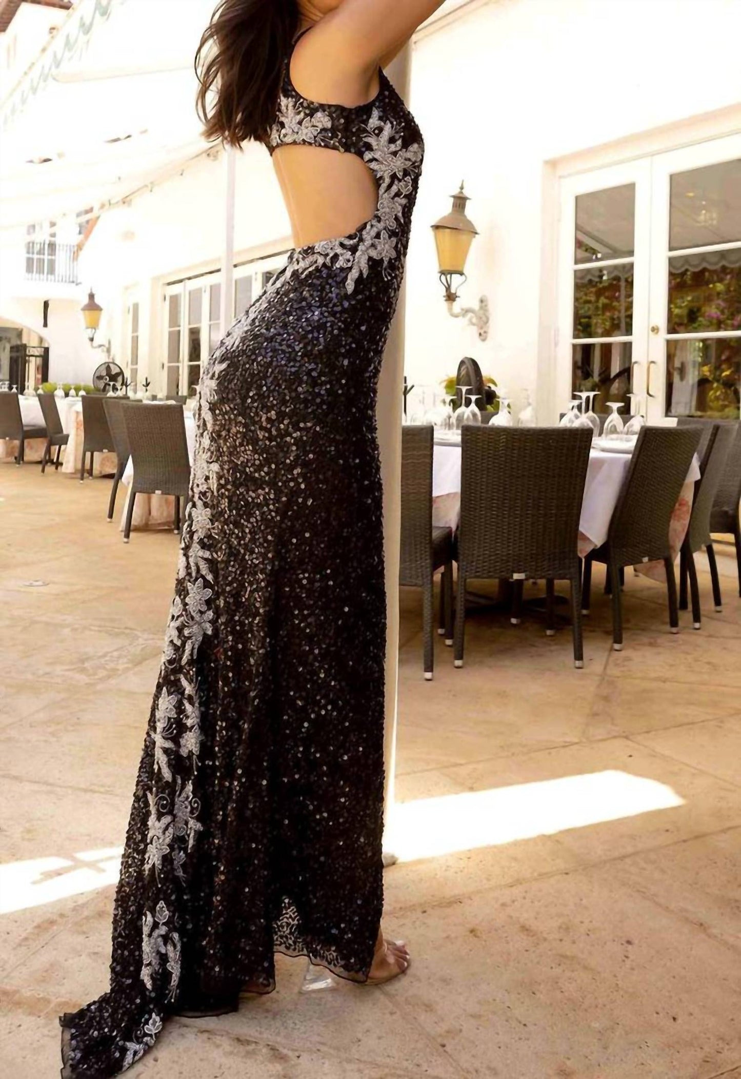 Plunging V-neck Sequin Embellished Prom Dress