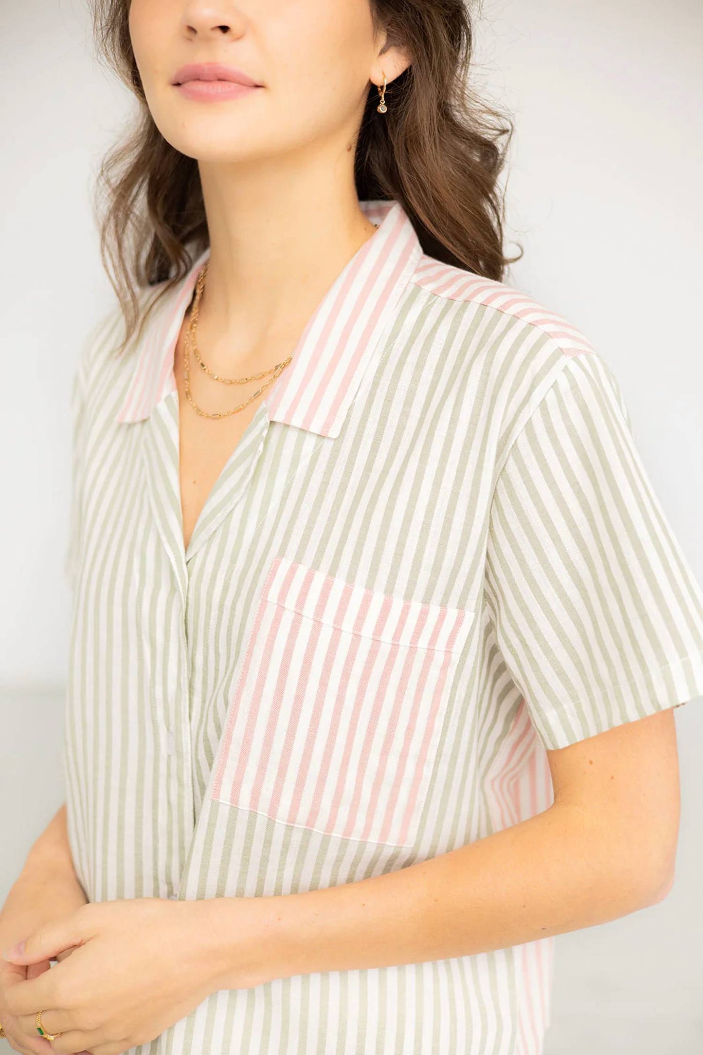 Cropped Button Down-high Waisted Color Block Shorties Set