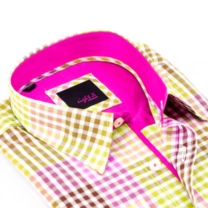 Men's Checkered Button Down Shirt With Solid Trim