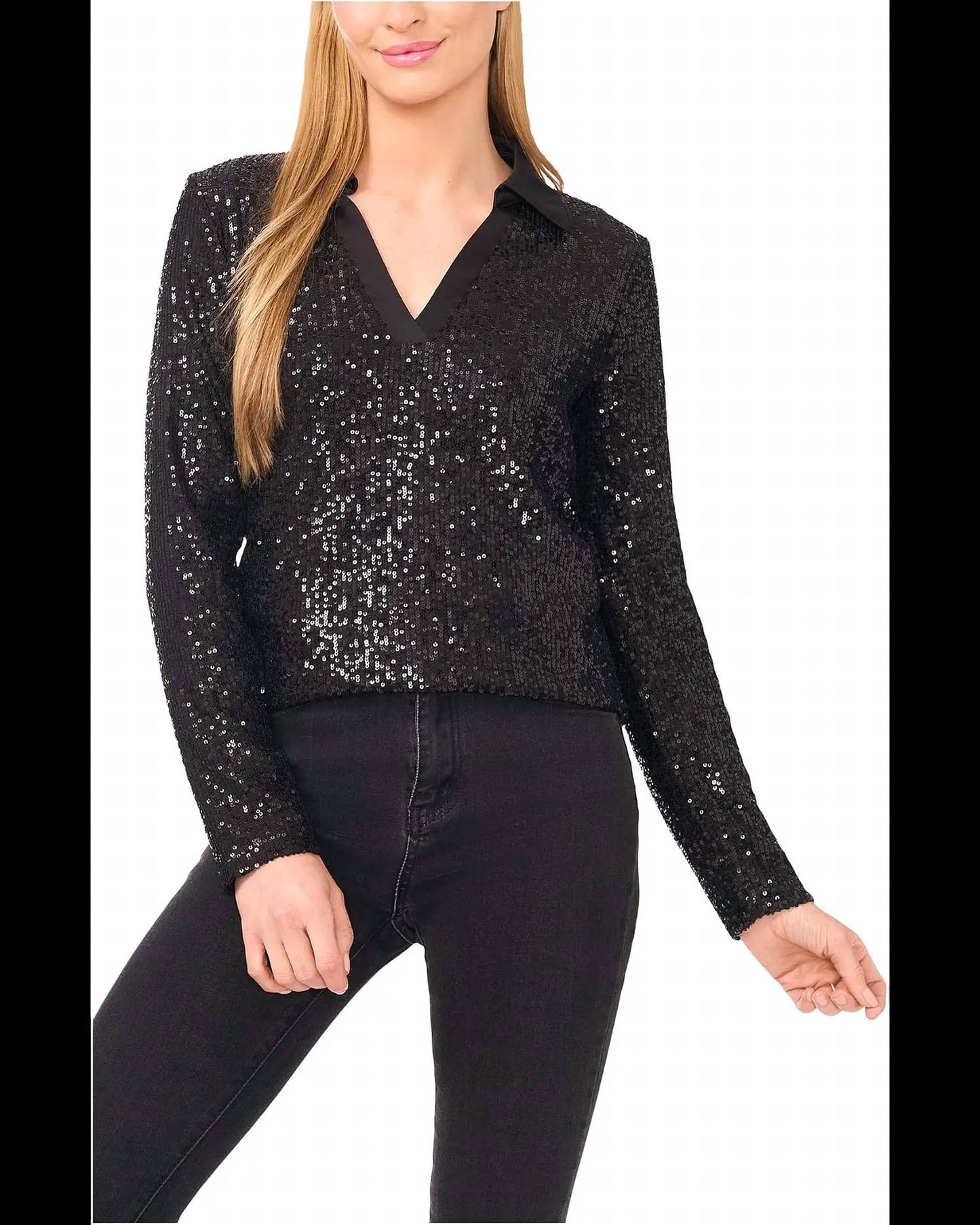 Sequin Long Sleeve Polo Top