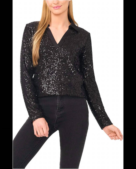 Sequin Long Sleeve Polo Top