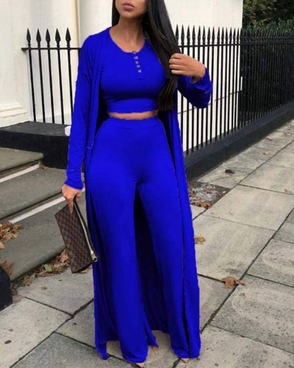 Crop Top Pants With Drop Shoulder Coat Set
