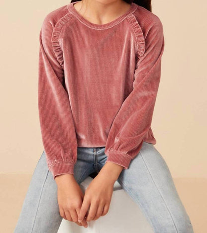Girl's Ruffled Raglan Seam Brushed Rib Top