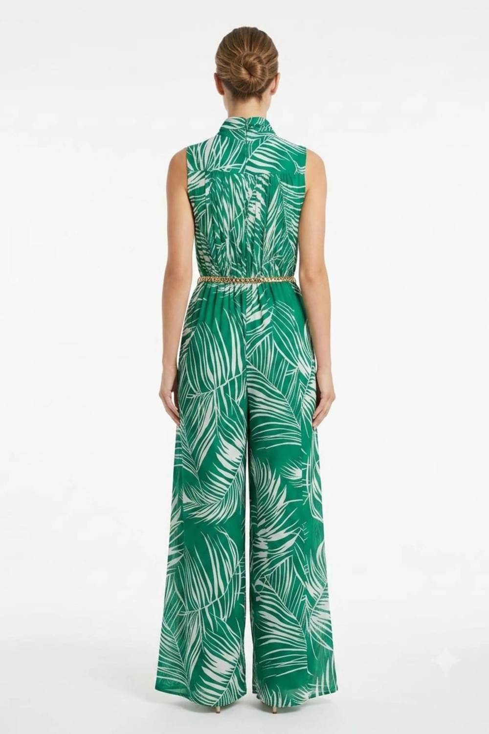 Tropical Palm Pleated Halter Jumpsuit
