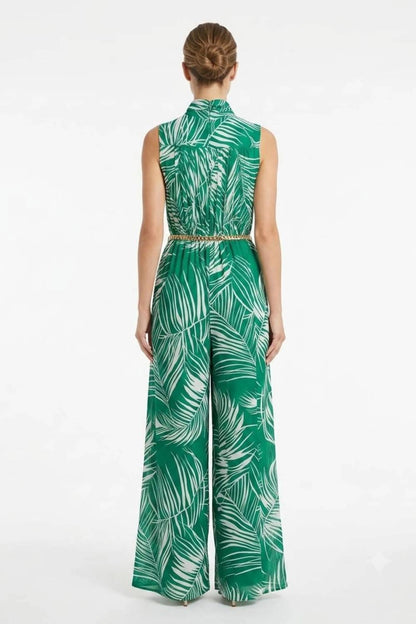 Tropical Palm Pleated Halter Jumpsuit