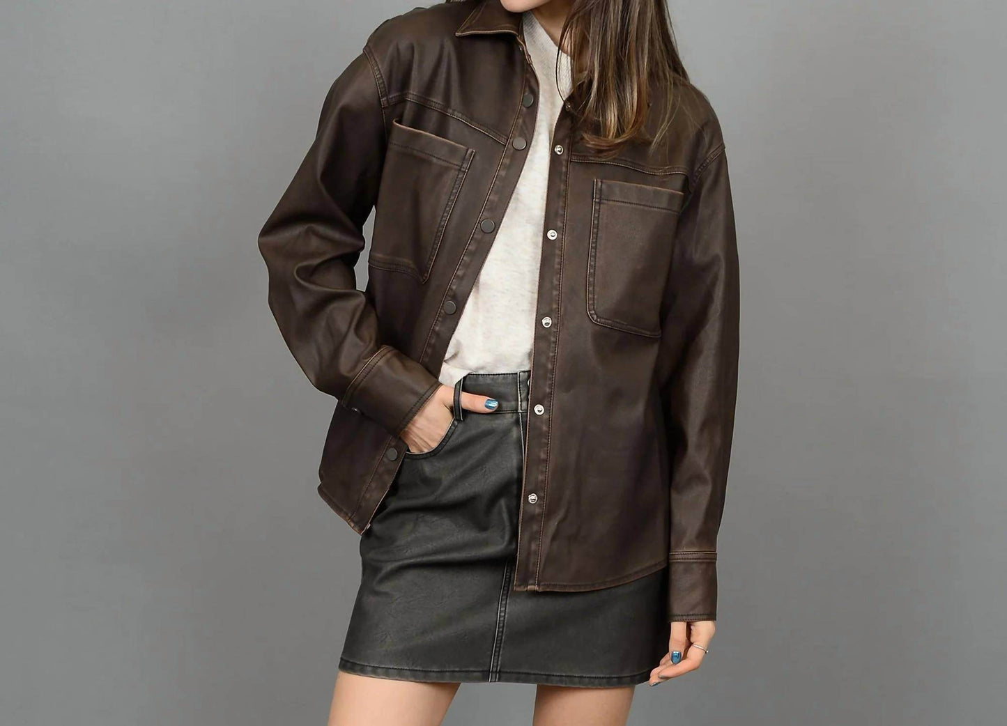 RD International - Aliska Distressed Faux Leather Snap Front Shirt - Rack Hunt -