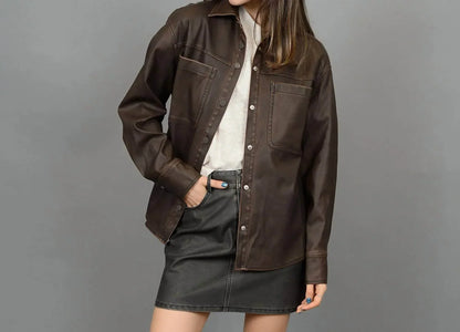 RD International - Aliska Distressed Faux Leather Snap Front Shirt - Rack Hunt