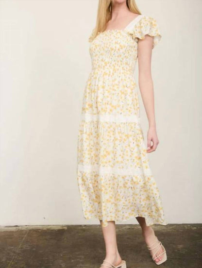 Floral Lace Trim Smocked Tiered Midi Dress