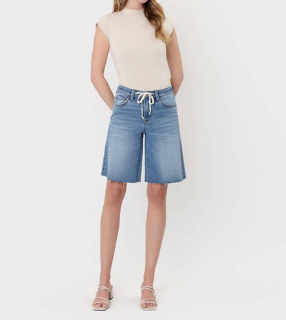 High Rise Waist Tie Denim Bermuda Shorts