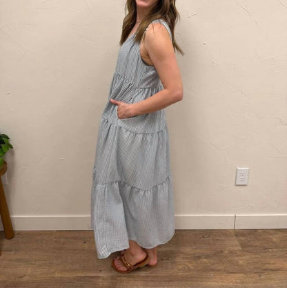 V-neck Sleeveless Tiered Stripe Midi Dress