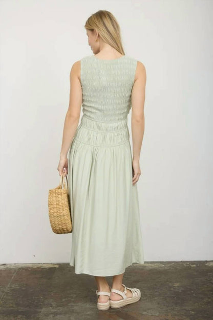 Front Tie Smocked Sleeveless Shirred Midi Dress