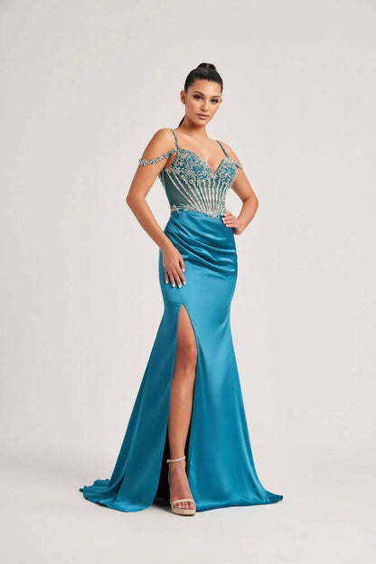 Satin Beaded Slit Gown