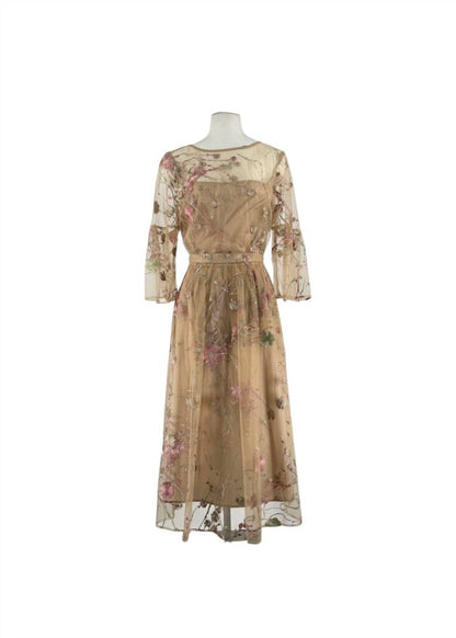 Sheer Floral Embroidered Midi Dress