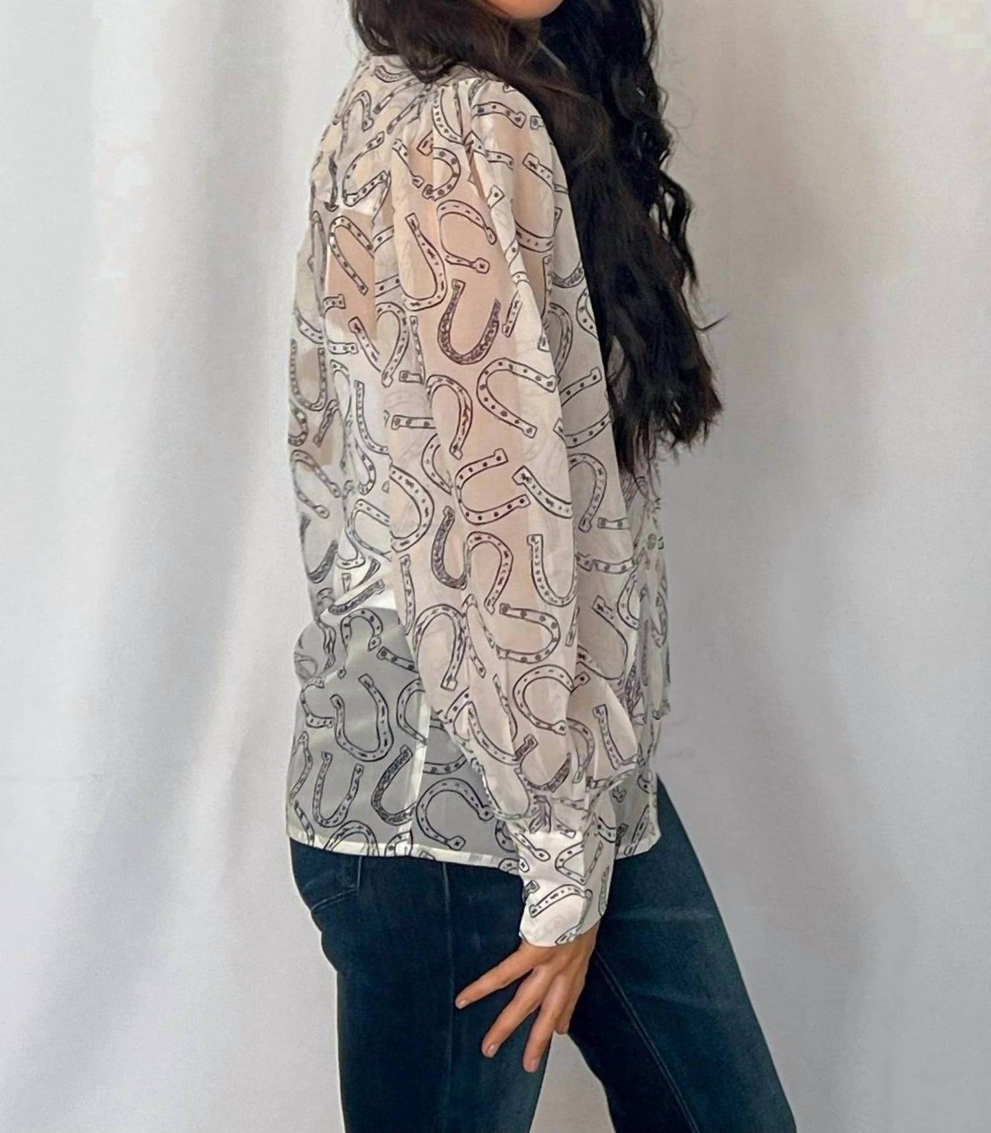 Sheer Chiffon Horseshoe Print Western Blouse