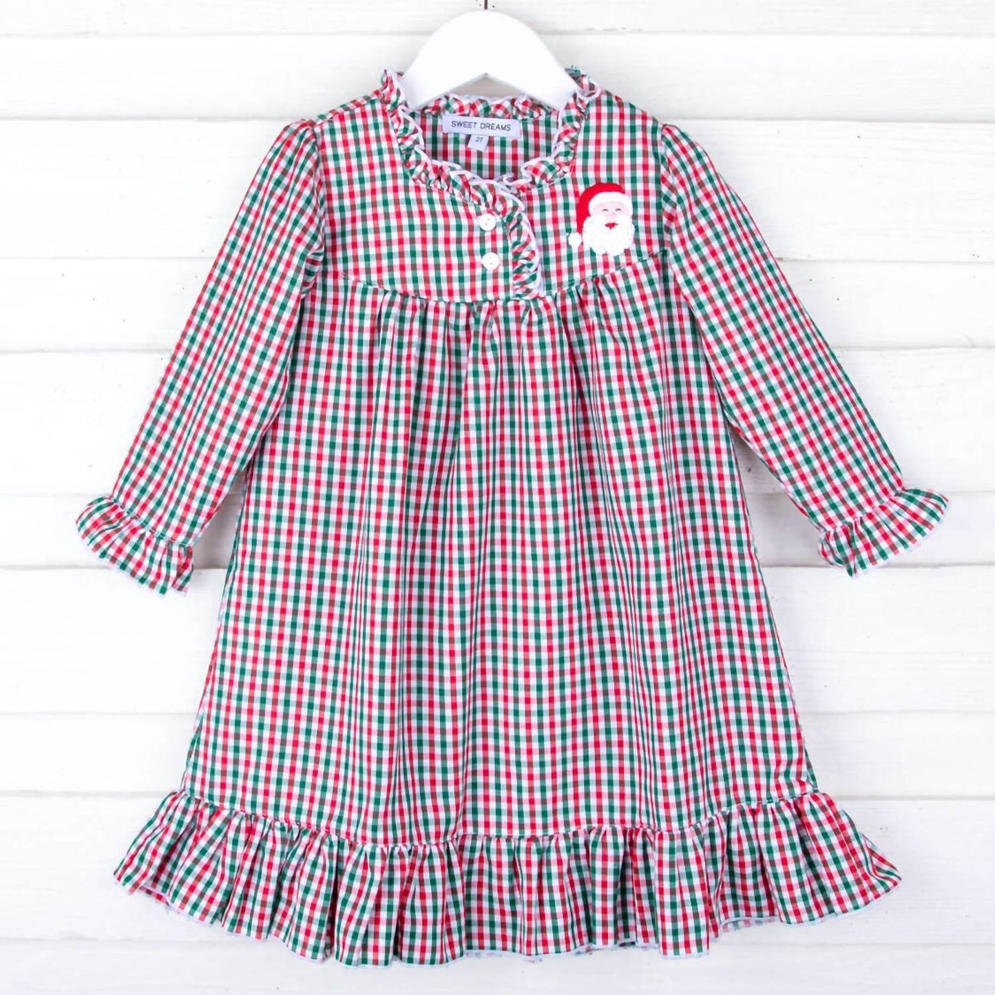 Muguet Collection - Girl's Santa Embroidered Gingham Night Gown - Rack Hunt -